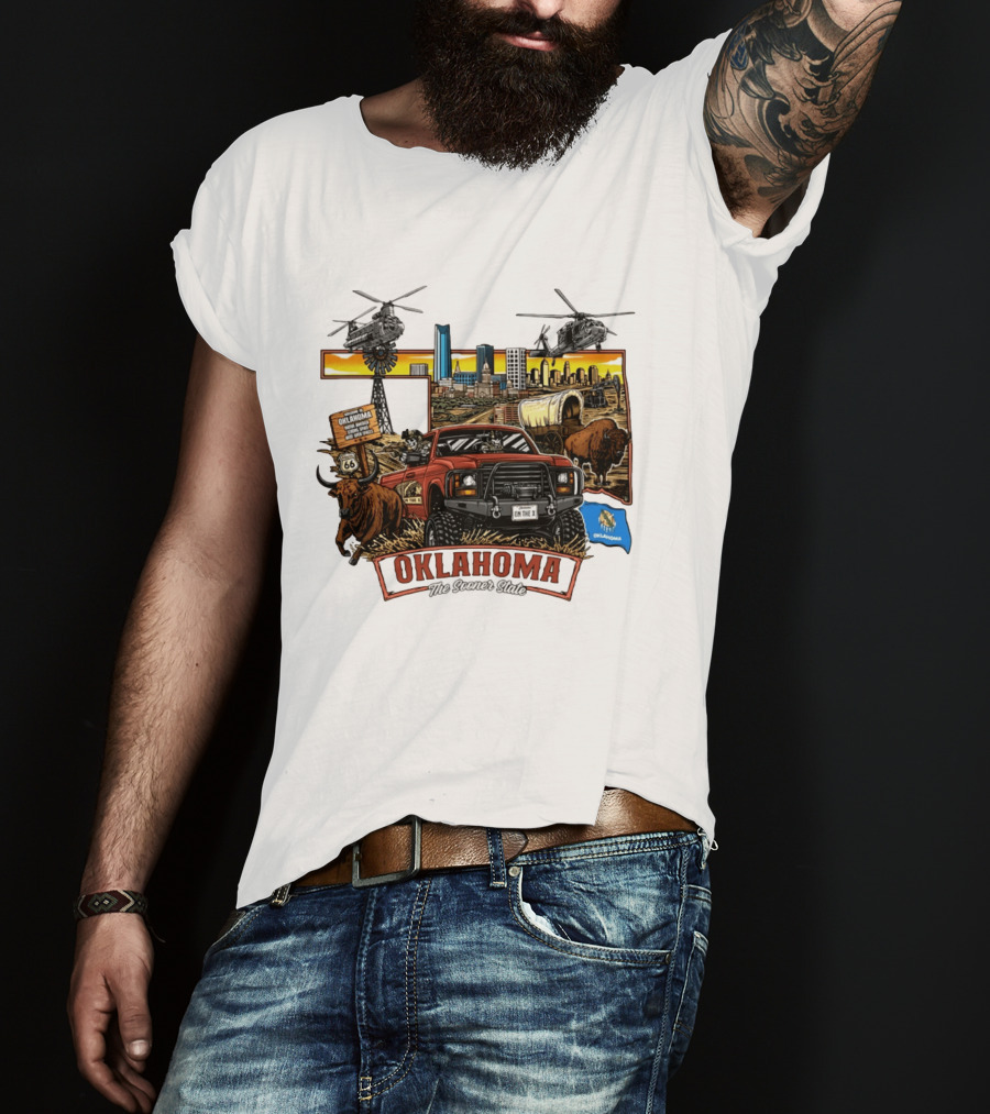 Oklahoma The Sooner State Route 66 Buffalo Cityscape Helicopters T-Shirt
