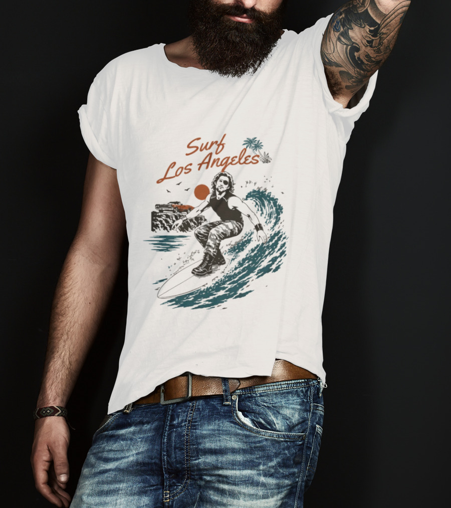 Surf Los Angeles 2026 Vintage Surfer With Sunset And Palm Tree Ocean Wave T-Shirt