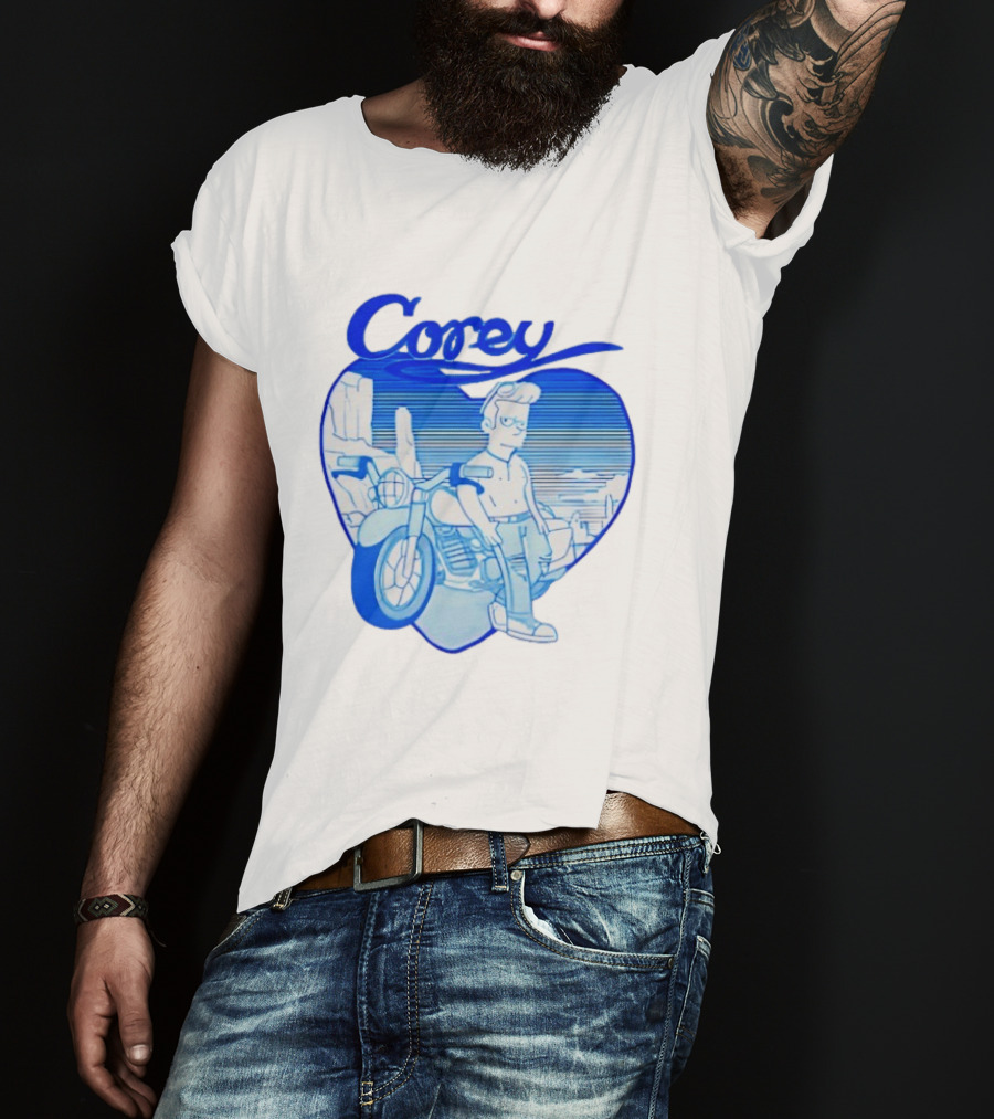 Corey Simpson Motorcycle In Heart Retro Cartoon Style With Blue Desert T-Shirt