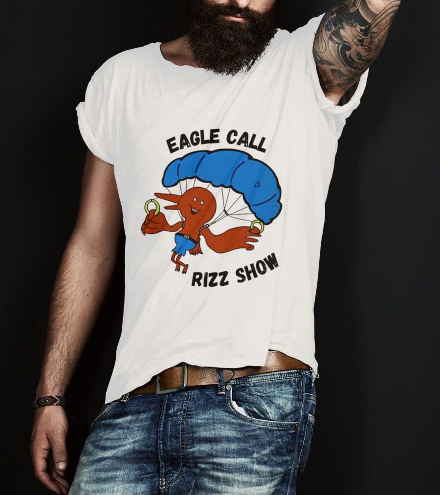 Eagle Call Rizz Show Parachuting Bird Character With Blue Canopy T-Shirt