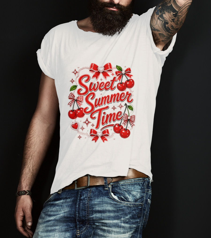 Sweet Summer Time Cherry Pearl Ribbon Hearts Bows T-Shirt