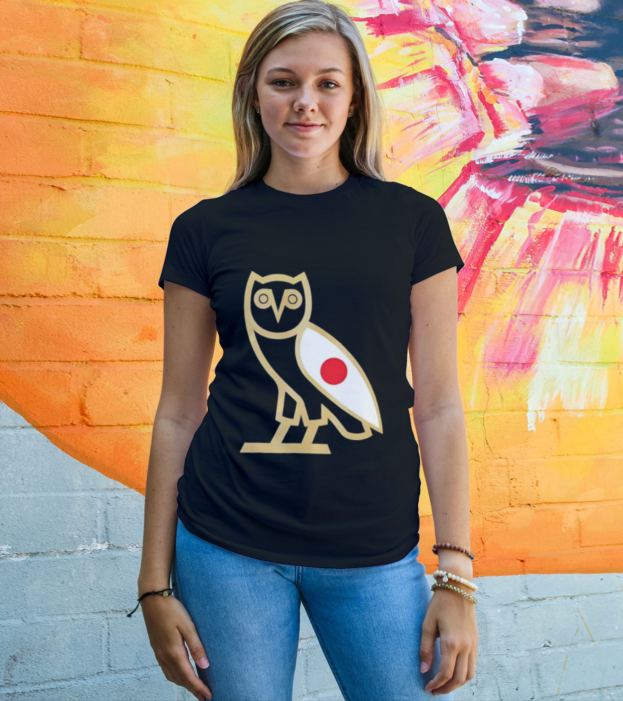 OVO Owl Japan Flag Icon Gold Outline And Red Circle Motif T-Shirt