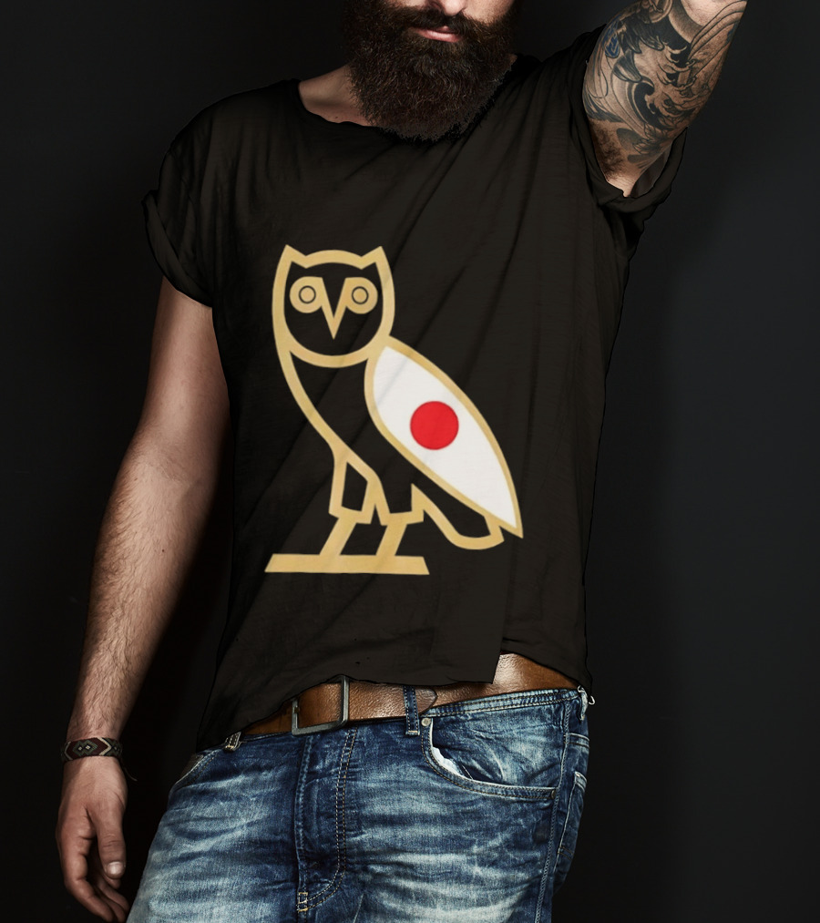 OVO Owl Japan Flag Icon Gold Outline And Red Circle Motif T-Shirt