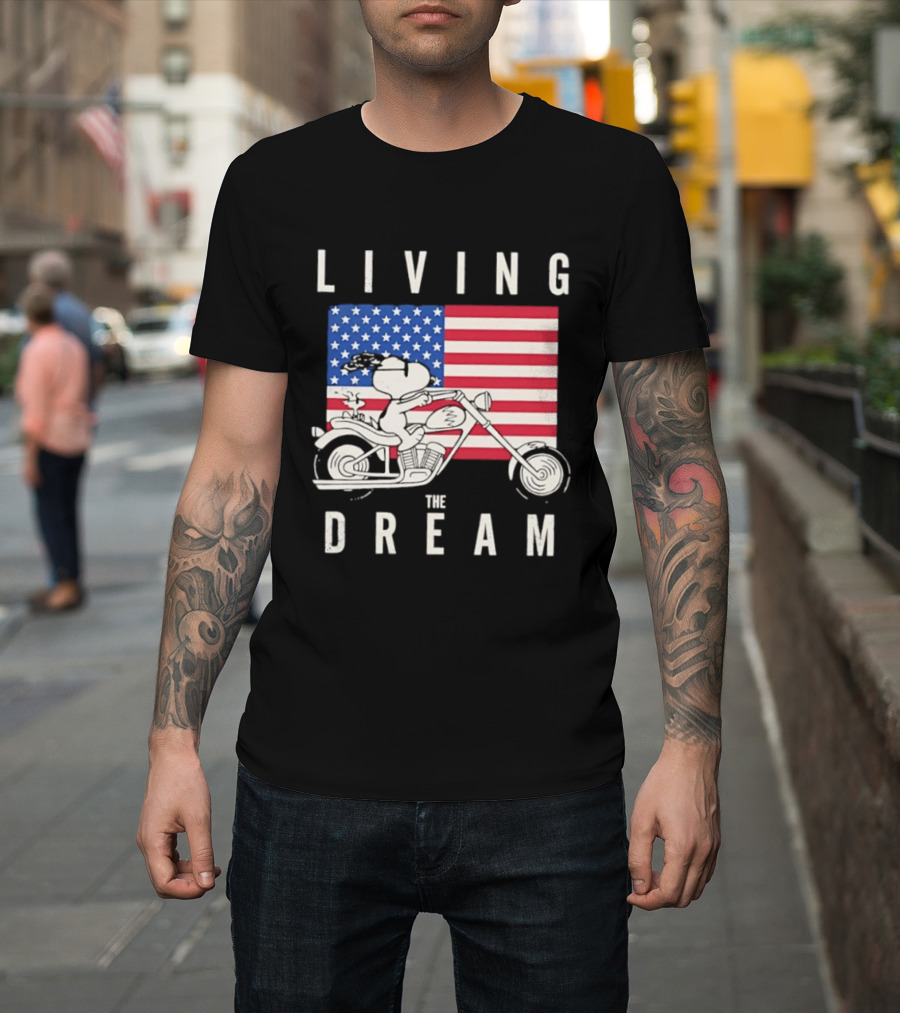 Living The Dream Snoopy Woodstock Motorcycle American Flag Peanuts T-Shirt