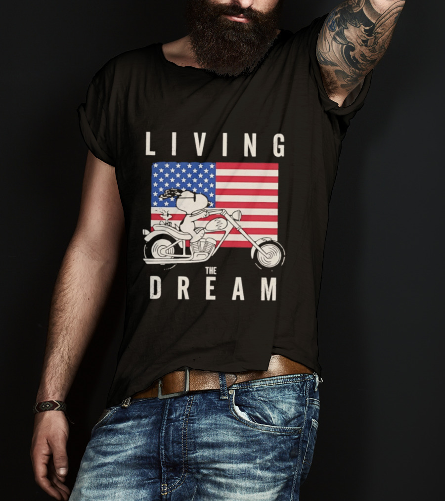Living The Dream Snoopy Woodstock Motorcycle American Flag Peanuts T-Shirt