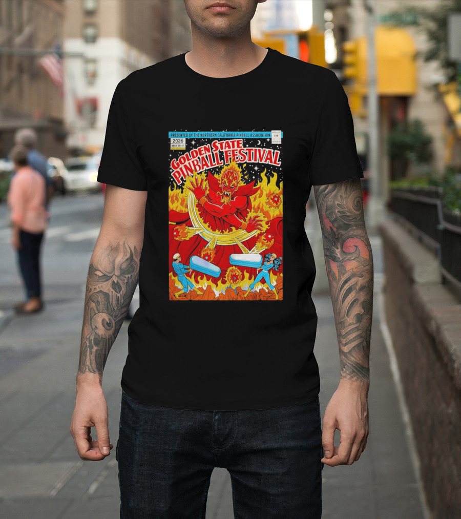 Golden State Pinball Festival Northern California May 2026 Fire Demon Battle T-Shirt