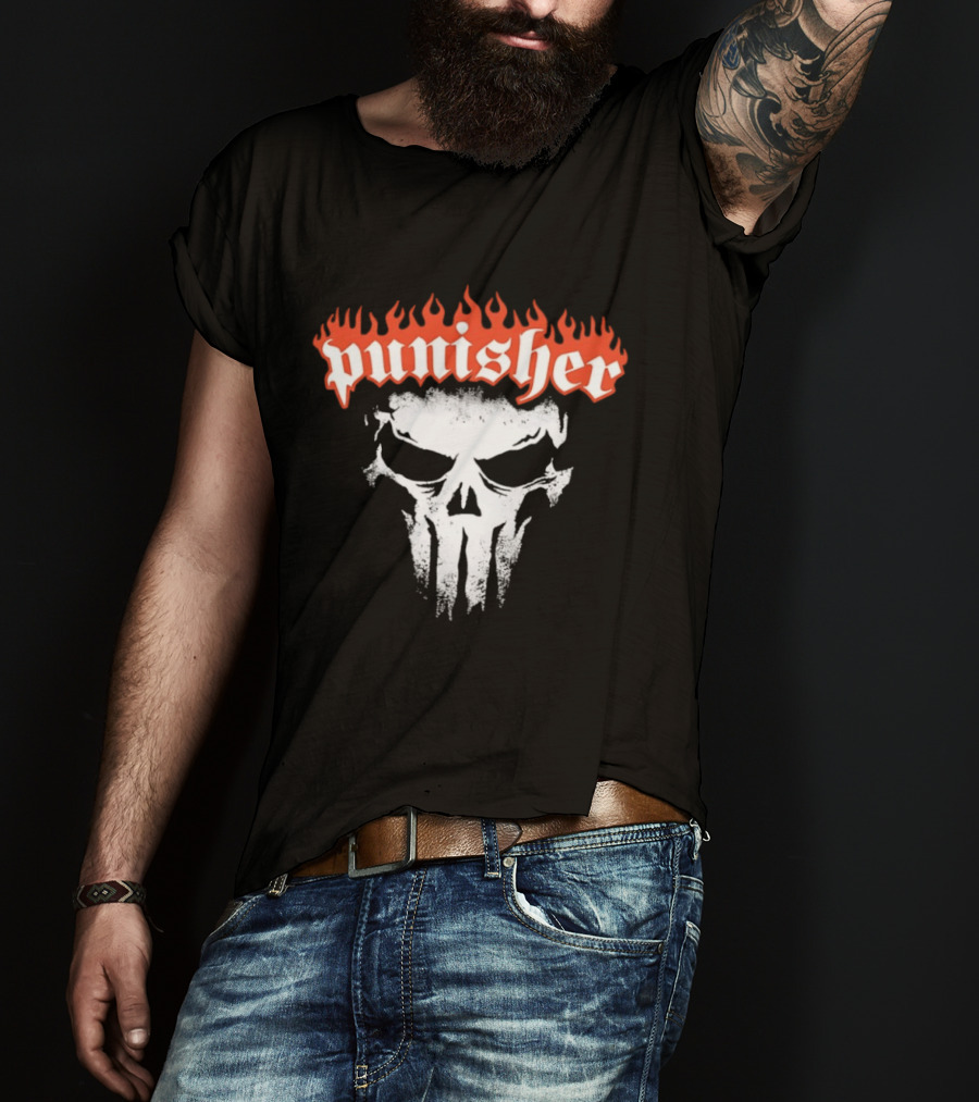 Punisher Skull Flame Graphic With Fiery T-Shirt