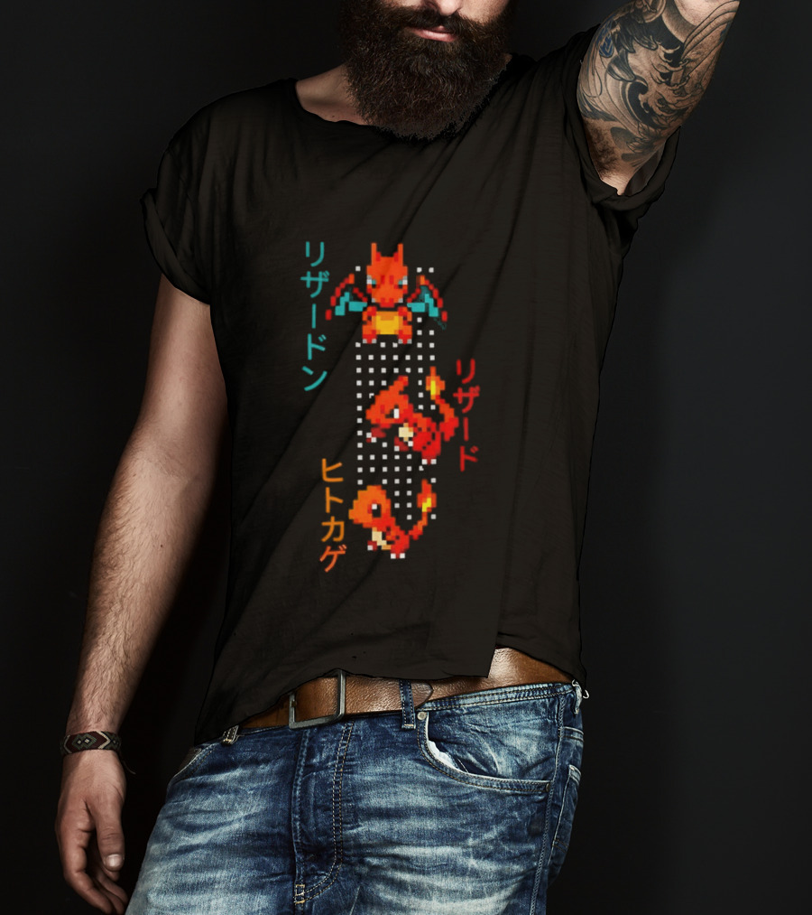 Pokémon Charizard Evolution Pixel Art With And T-Shirt