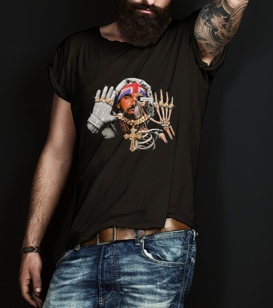 Damn Pray Skeleton Half Face Union Jack Diamond Glove Cross Necklace T-Shirt