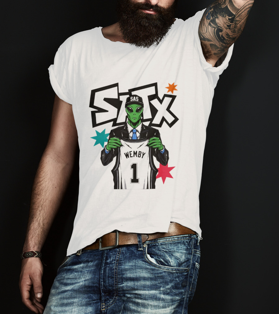STX SAS Alien Wemby Holding Spurs Jersey Victor Wembanyama T-Shirt