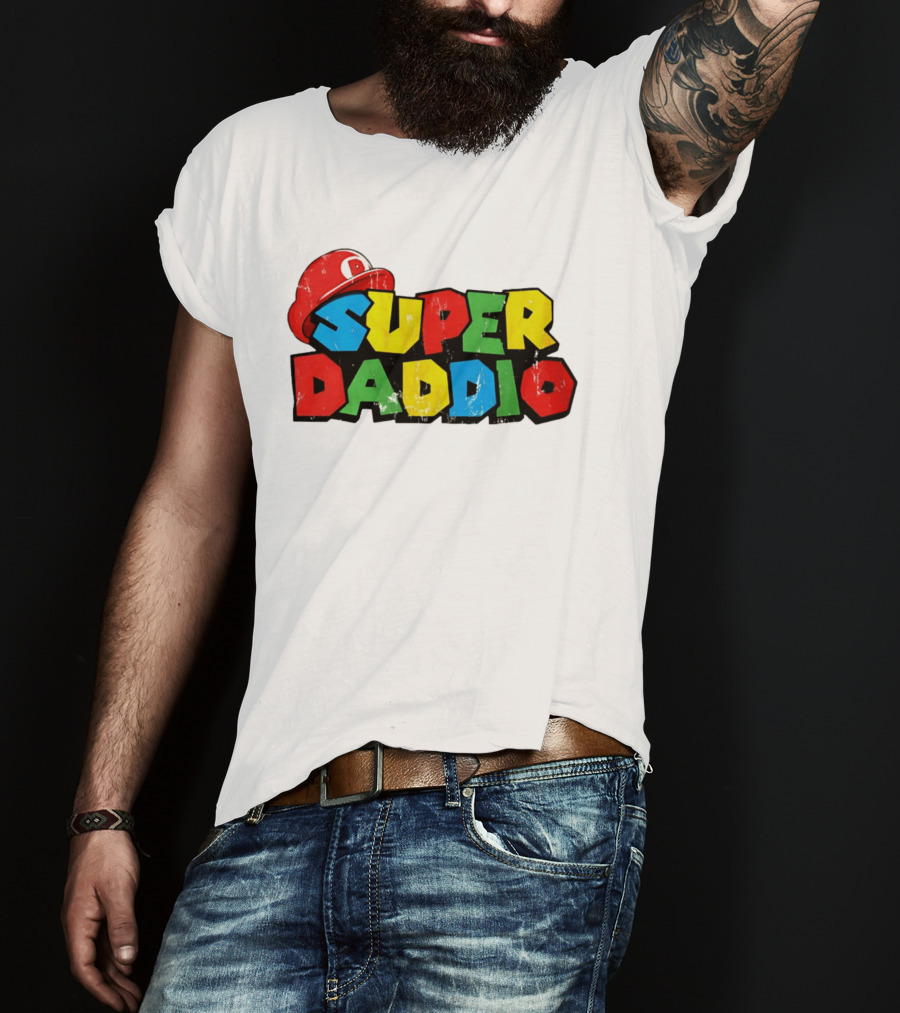 Super Daddio Mario Cartoon Colorful Text With Red Hat T-Shirt
