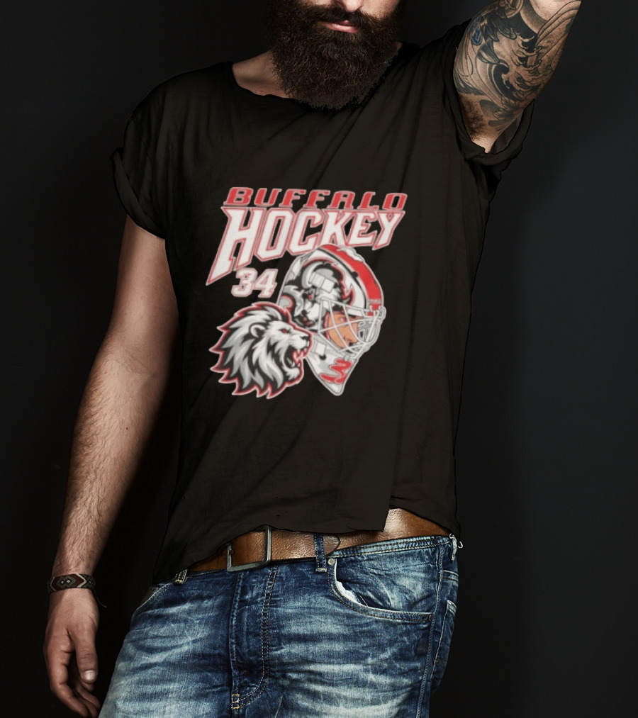 Buffalo Hockey 34 Alex Lyon Lion Graphic With Hockey Helmet T-Shirt