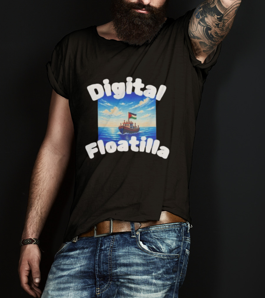 Digital Floatilla Boat With Flag On Ocean Waves T-Shirt