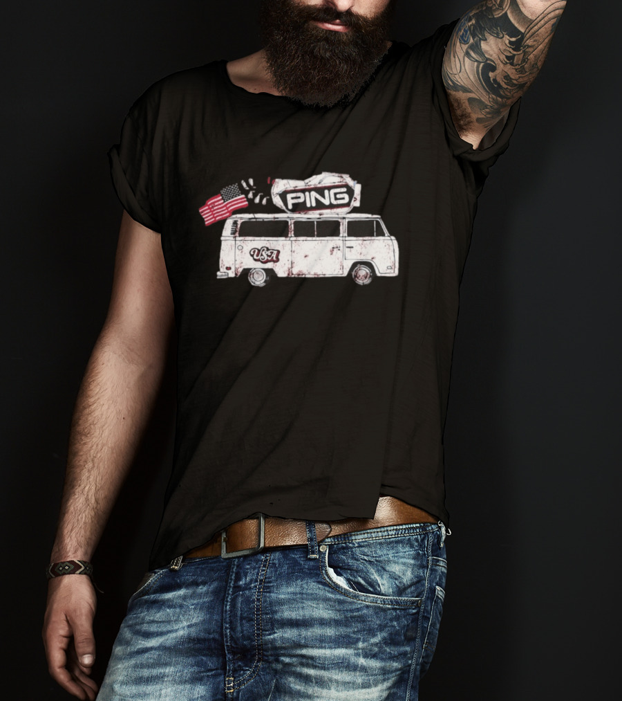 Ping USA Vintage Bus With American Flag And Surfboard T-Shirt