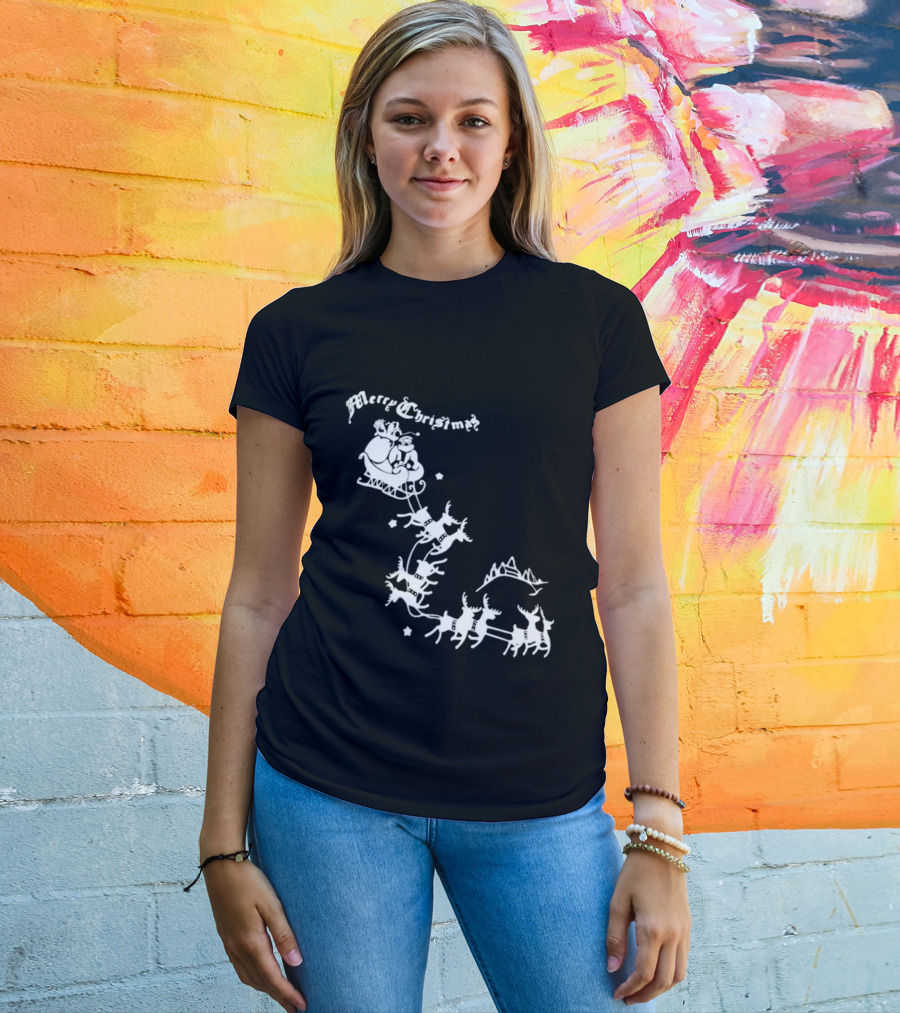 Merry Christmas Santa Sleigh Reindeer In Night Sky With Mountains Isla Gordon T-Shirt