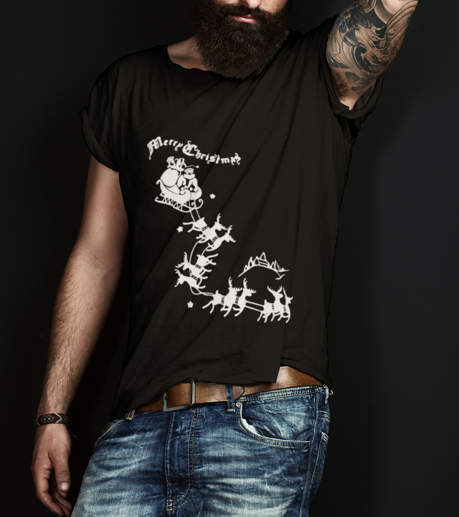Merry Christmas Santa Sleigh Reindeer In Night Sky With Mountains Isla Gordon T-Shirt