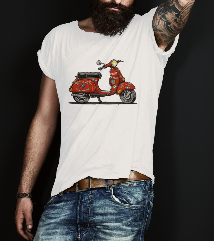 Kaneda's Vespa With Good For Health Sticker Citizen And Canon Shoei Arai Logos T-Shirt