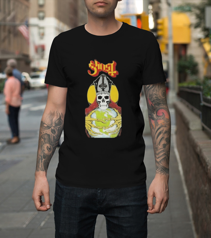 Ghost Skeleton Bishop Holding Earth Iconic Twisted Thread Ceremony T-Shirt