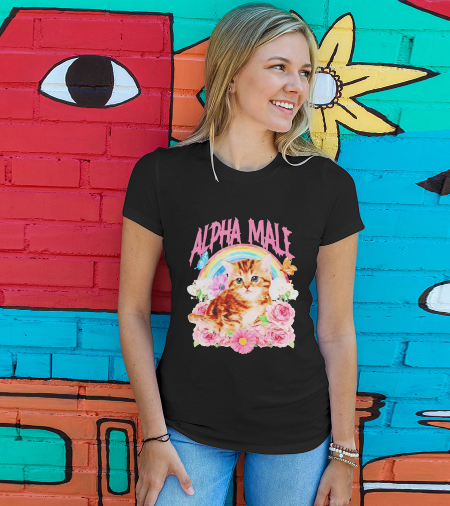 Alpha Male Kitten Rainbow Butterfly Floral Roses T-Shirt