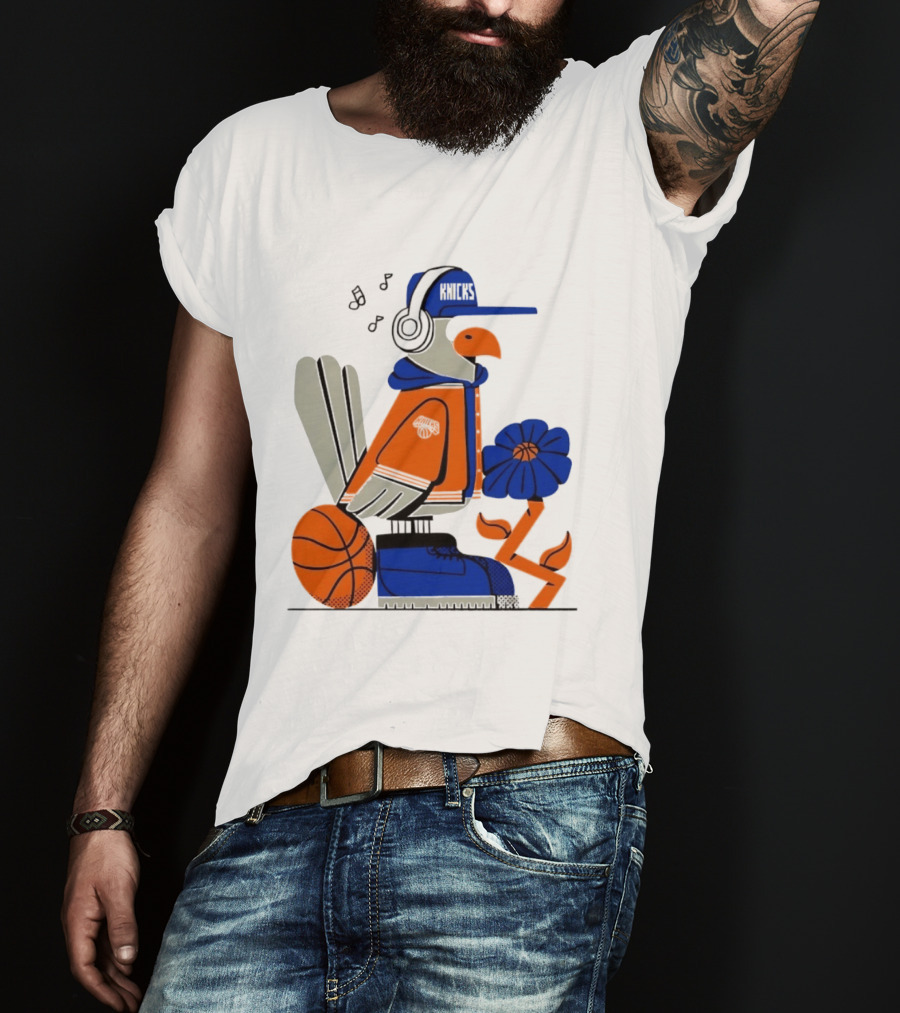 New York Knicks Go Go Go Bird With Cap And Basketball T-Shirt