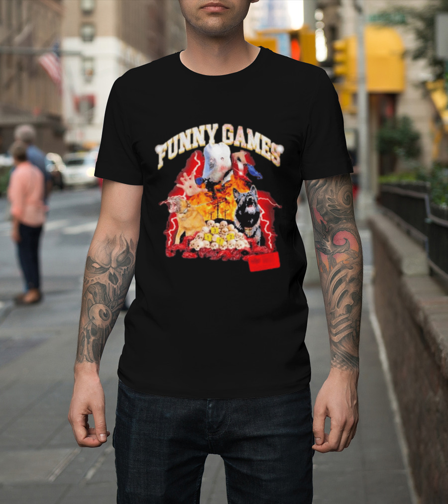 Funny Games Dog Skull Pile Fire Chaos T-Shirt