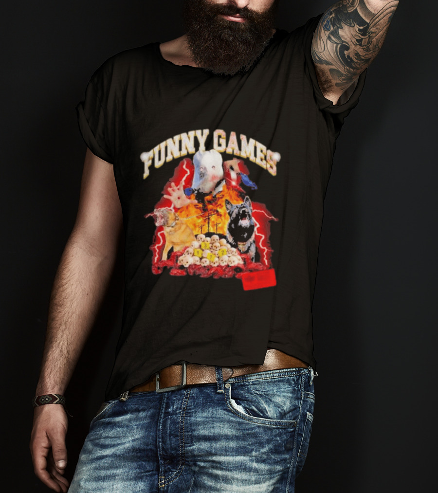 Funny Games Dog Skull Pile Fire Chaos T-Shirt
