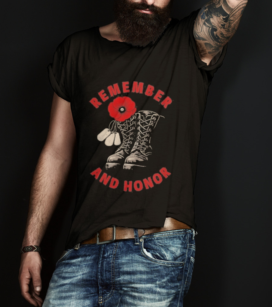 Memorial Day Remember And Honor Poppy Flower Military Boots T-Shirt