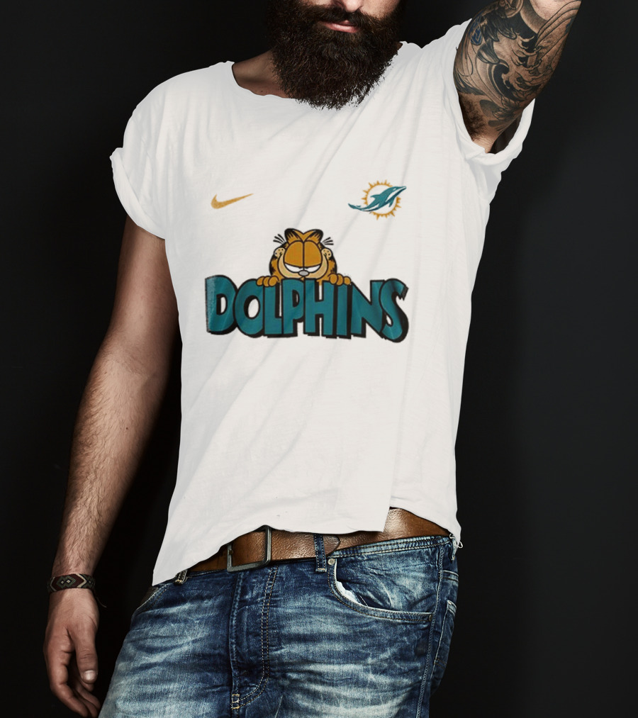 Nike Miami Dolphins Garfield Orange Cat çizim T-Shirt