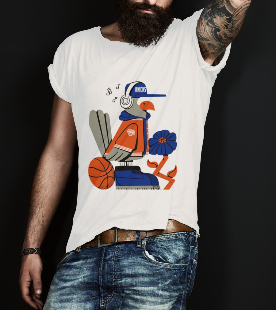 New York Knicks Bird Cap Headphones Basketball Flower T-Shirt