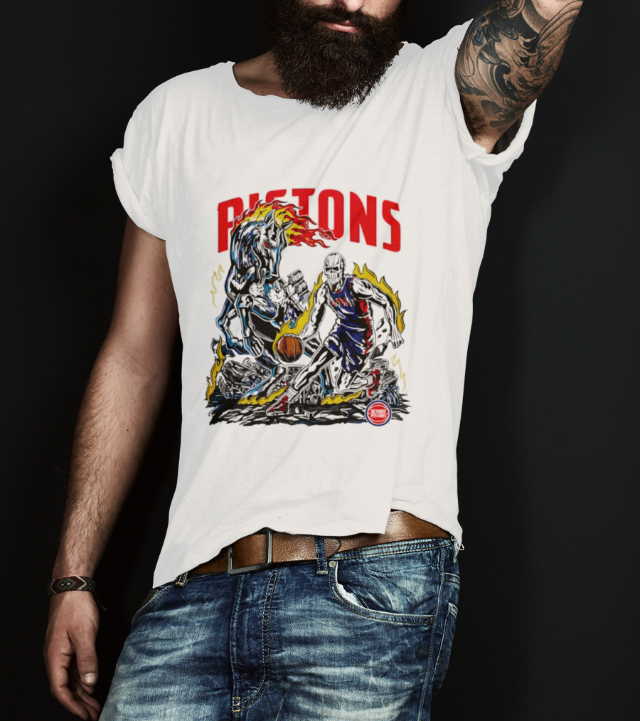 Detroit Pistons Skull Basketball Horse Flames Robot T-Shirt