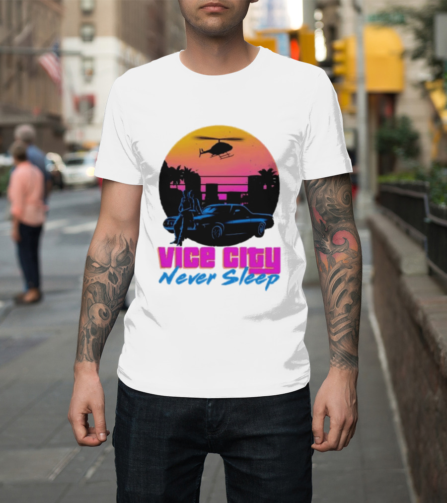 Vice City Never Sleep 80s Sunset Car Helicopter T-Shirt