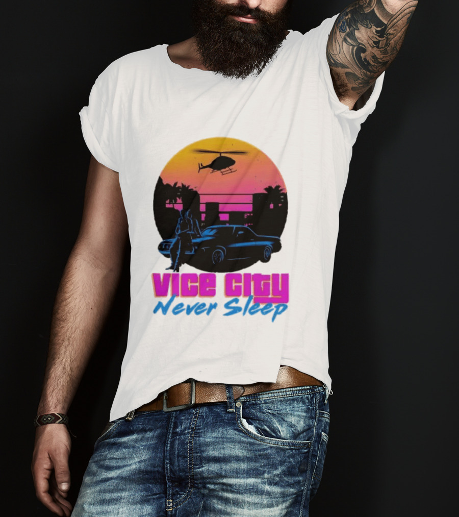 Vice City Never Sleep 80s Sunset Car Helicopter T-Shirt