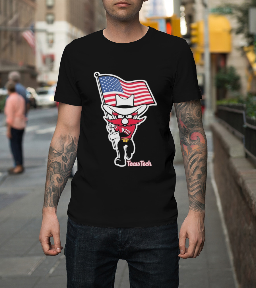 Texas Tech Red Raider Holding American Flag Sticker T-Shirt