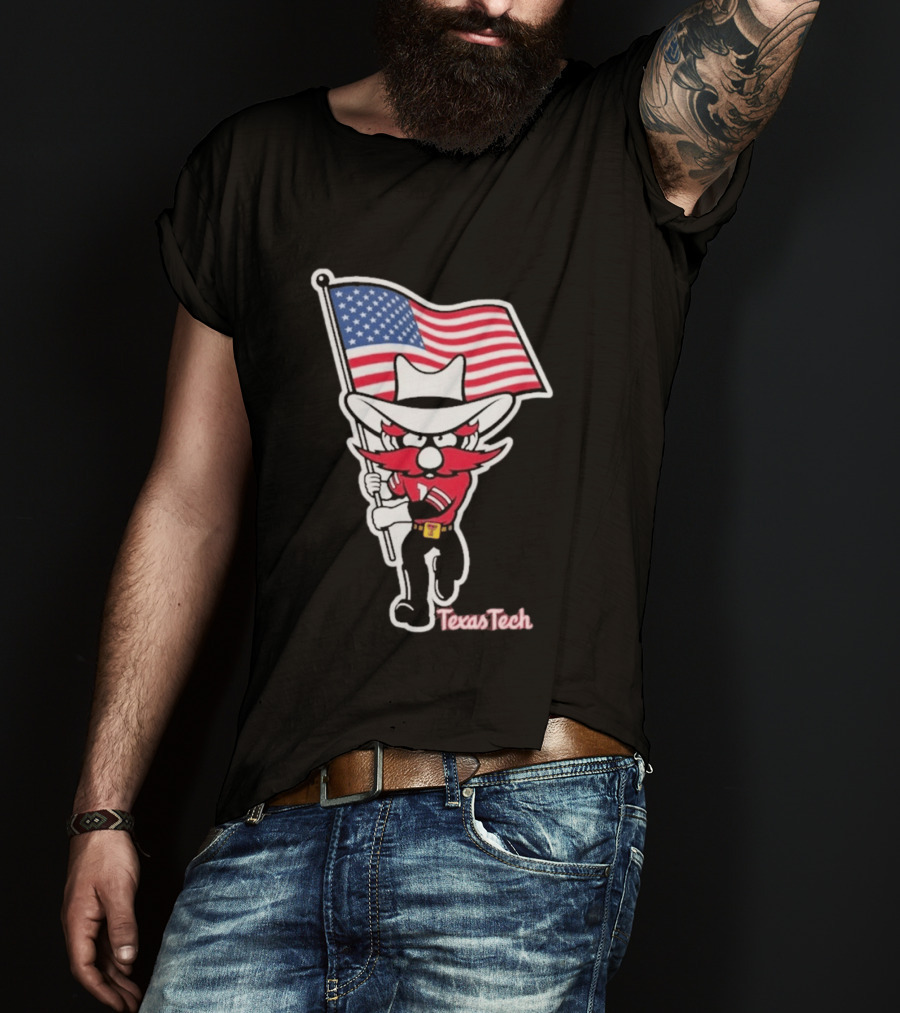 Texas Tech Red Raider Holding American Flag Sticker T-Shirt