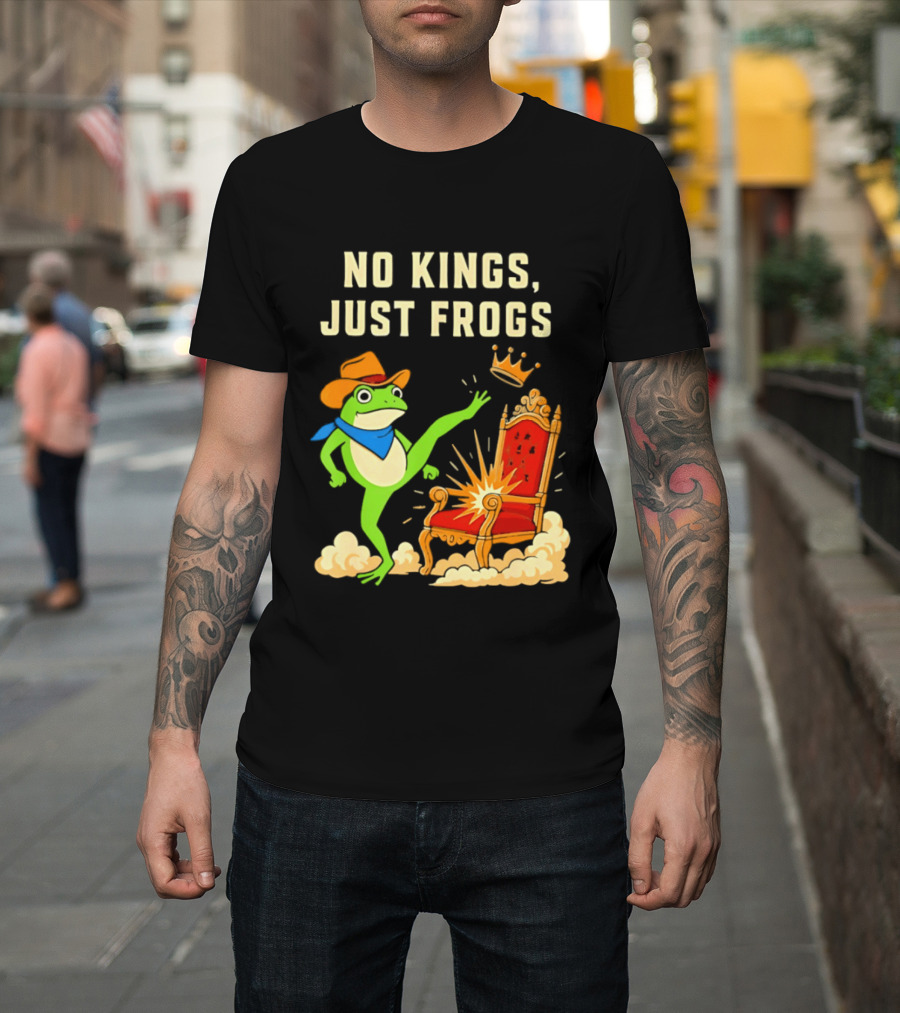 No Kings Just Frogs Portland Cowboy Frog Kicking Crown From Throne T-Shirt