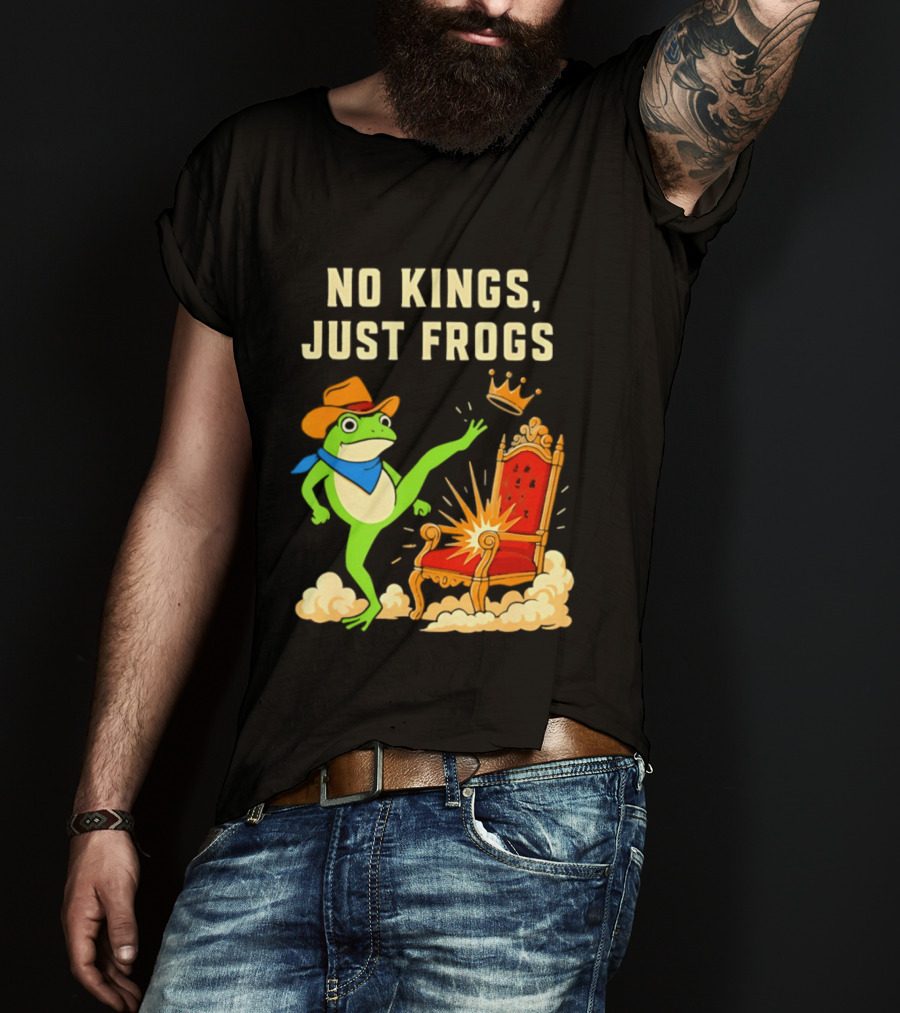 No Kings Just Frogs Portland Cowboy Frog Kicking Crown From Throne T-Shirt
