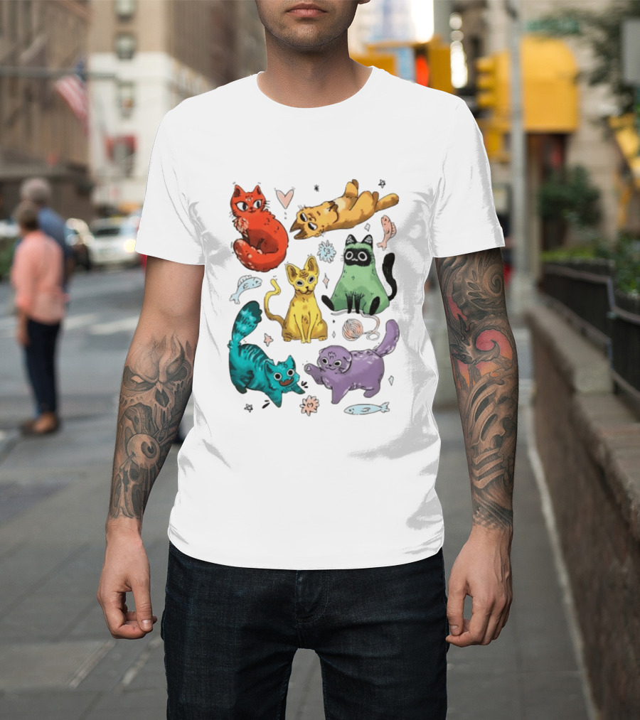 Whimsical Colorful Cats And Rainbow Hearts Collage T-Shirt