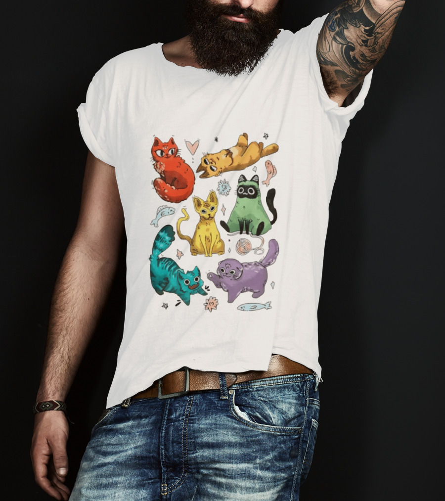Whimsical Colorful Cats And Rainbow Hearts Collage T-Shirt