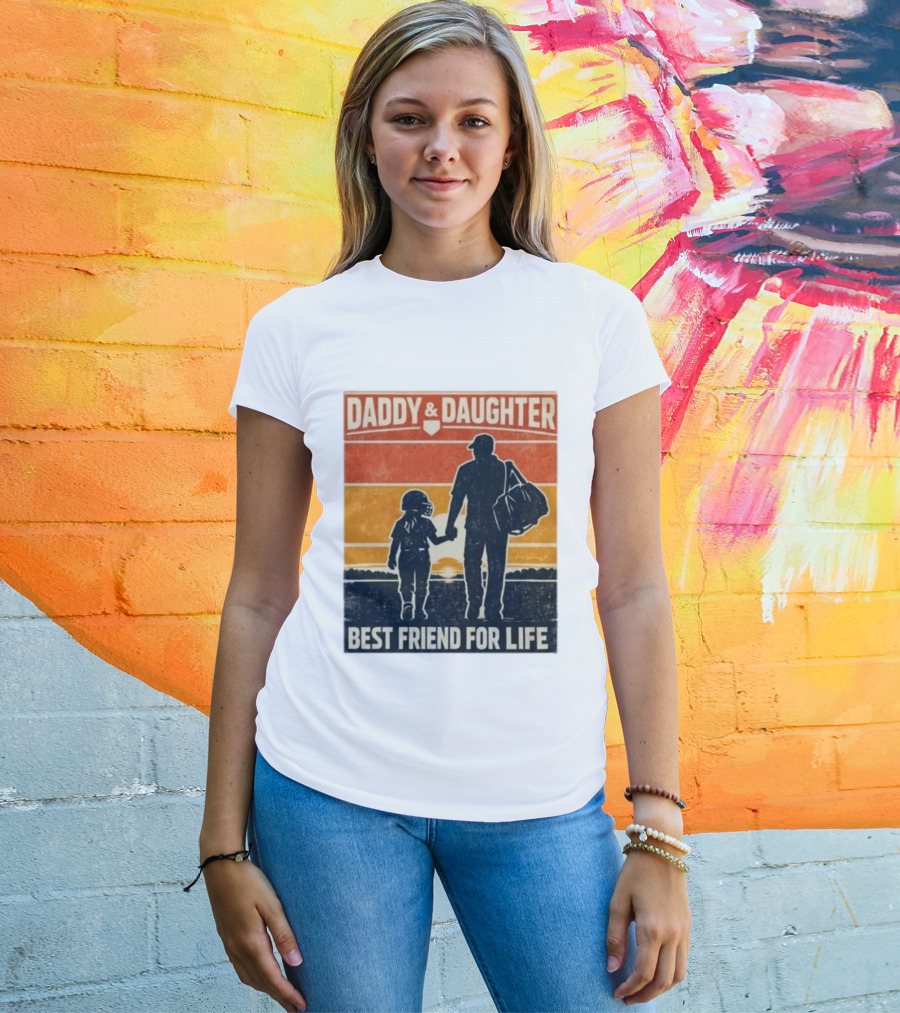 Daddy & Daughter Best Friend For Life Baseball Softball Silhouette Retro Sunset T-Shirt