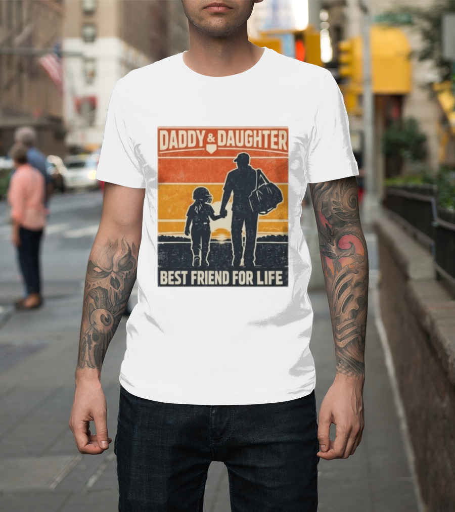 Daddy & Daughter Best Friend For Life Baseball Softball Silhouette Retro Sunset T-Shirt