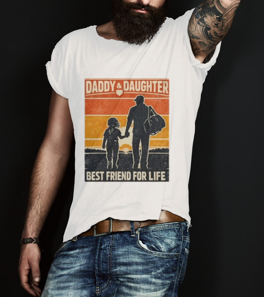 Daddy & Daughter Best Friend For Life Baseball Softball Silhouette Retro Sunset T-Shirt