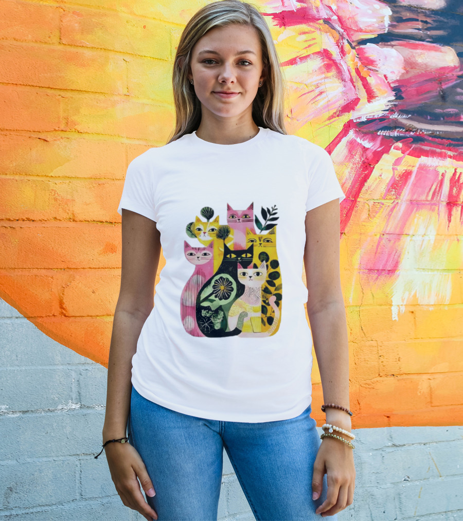 Vibrant Stylized Cats Botanical Foliage Whimsical T-Shirt