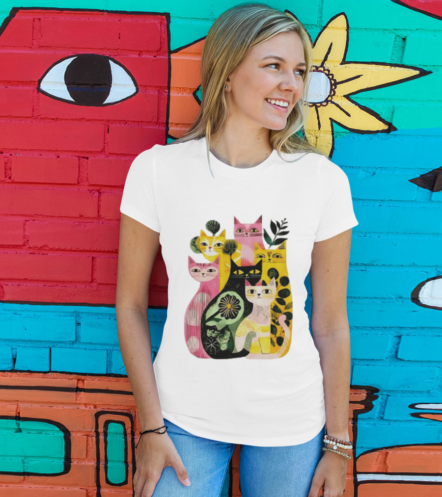 Vibrant Stylized Cats Botanical Foliage Whimsical T-Shirt