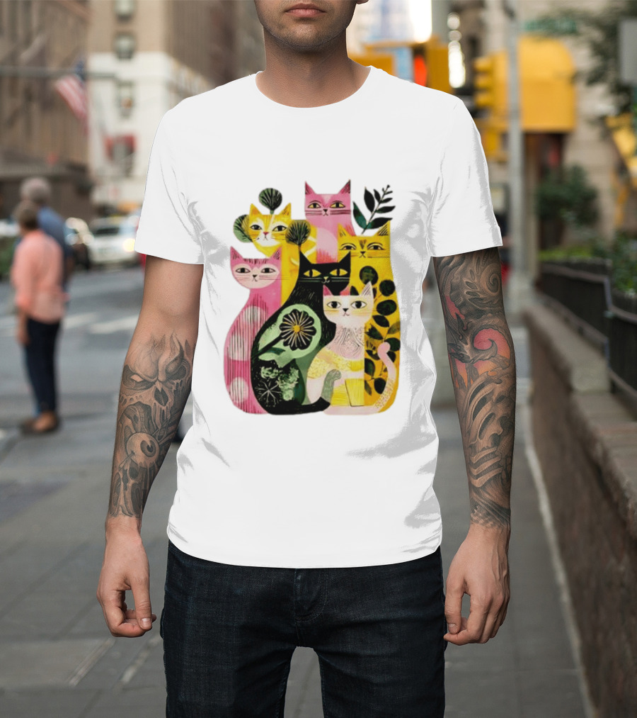 Vibrant Stylized Cats Botanical Foliage Whimsical T-Shirt