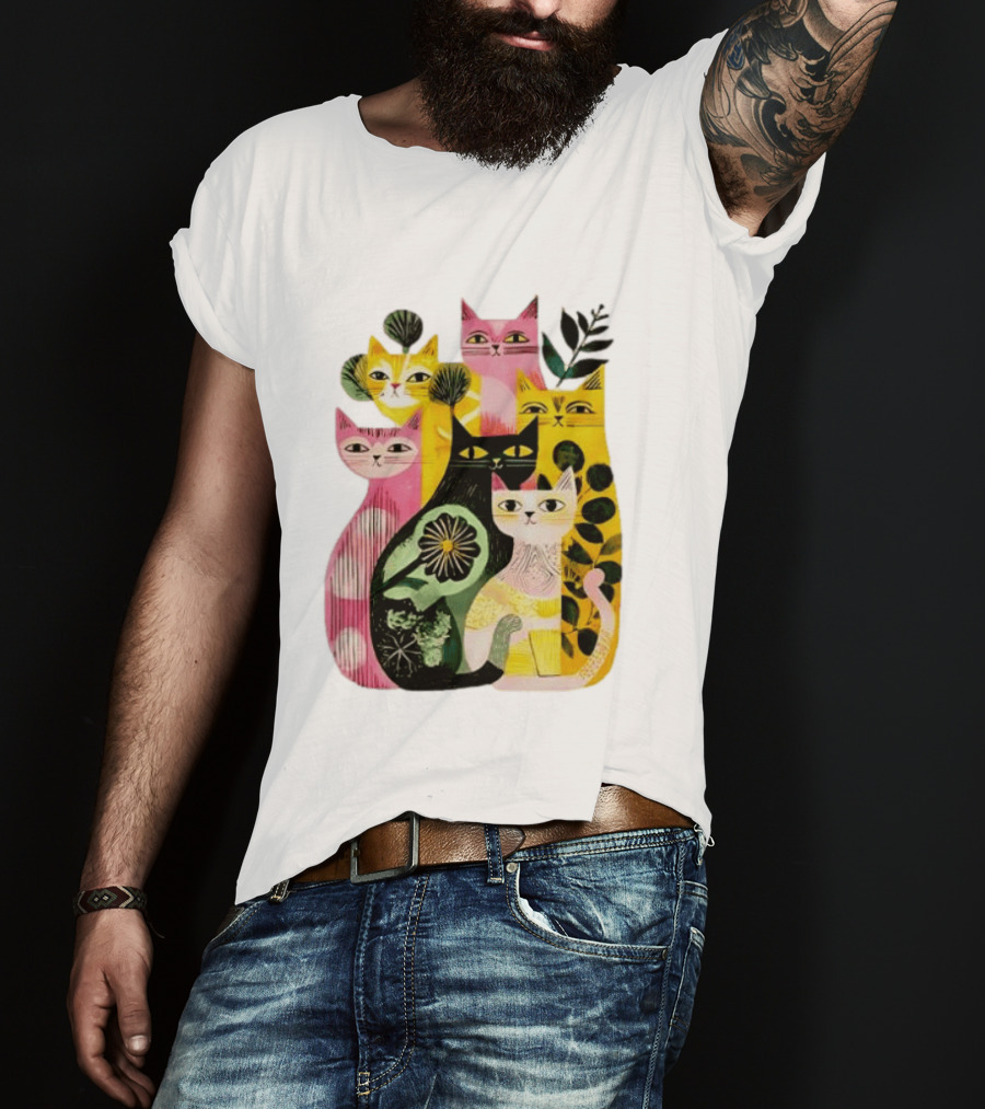 Vibrant Stylized Cats Botanical Foliage Whimsical T-Shirt