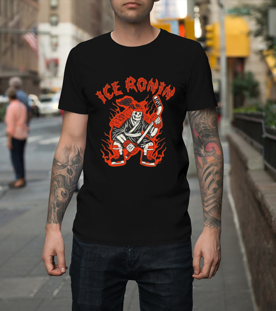 Ice Ronin Samurai Skull Hockey Stick Flames T-Shirt