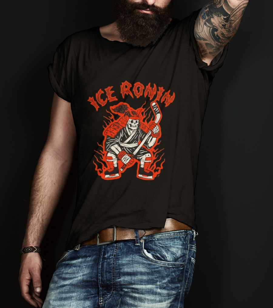 Ice Ronin Samurai Skull Hockey Stick Flames T-Shirt