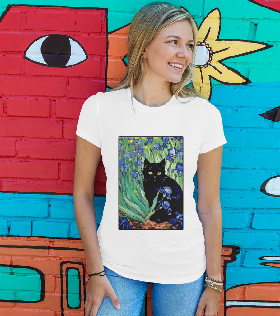 Black Cat With Van Gogh Irises Painting T-Shirt