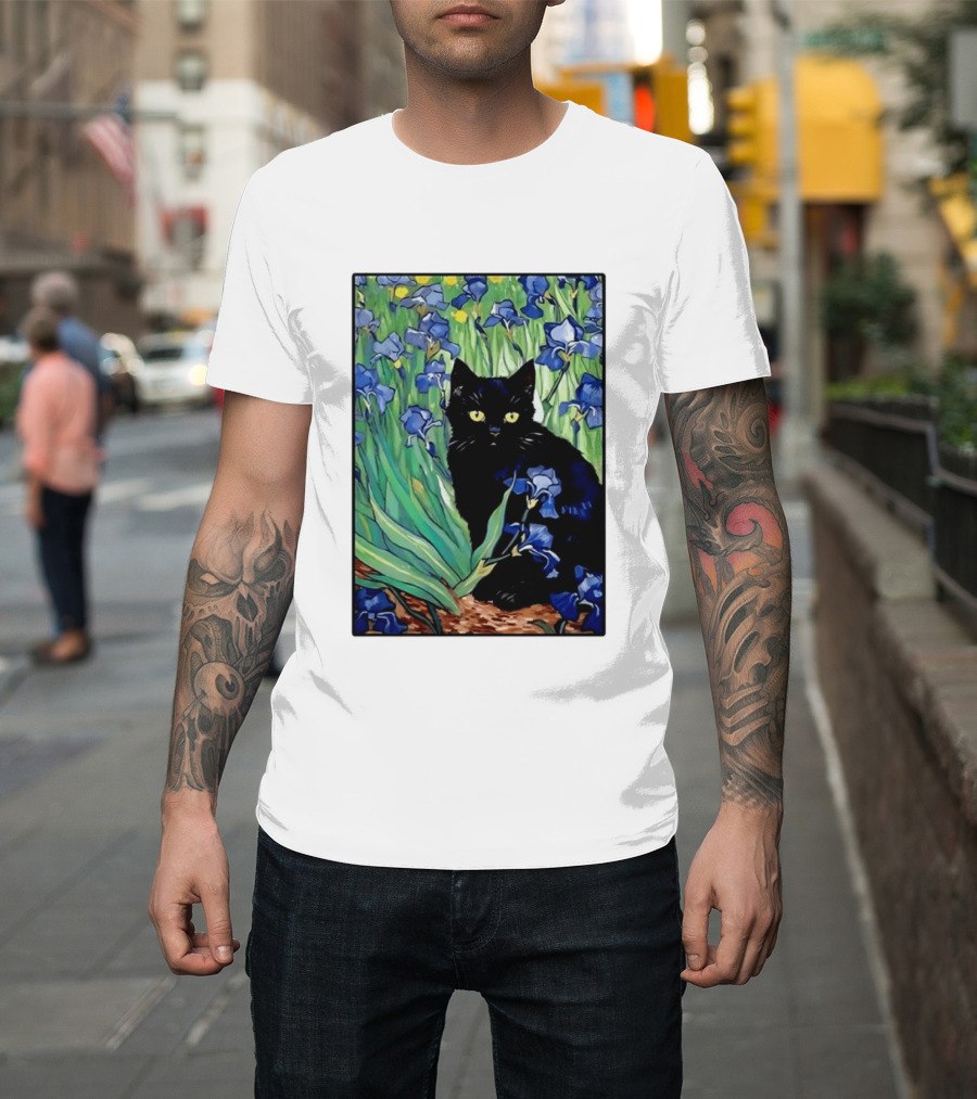 Black Cat With Van Gogh Irises Painting T-Shirt