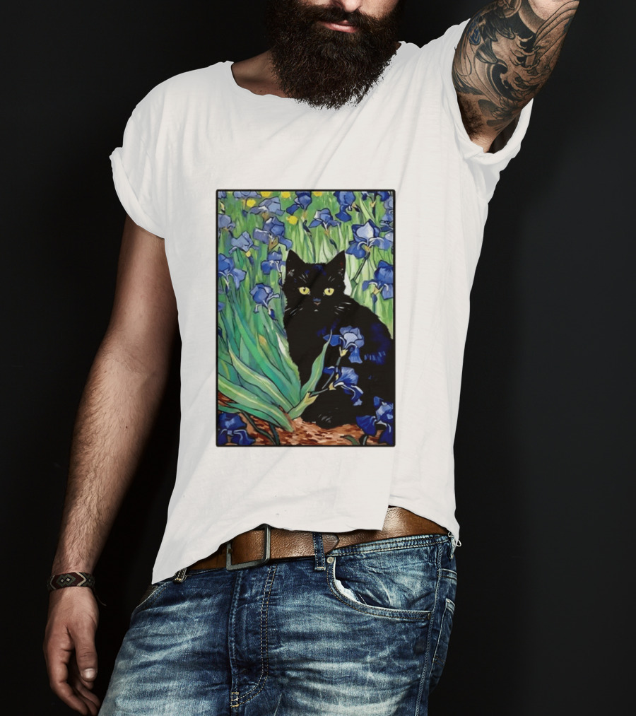 Black Cat With Van Gogh Irises Painting T-Shirt